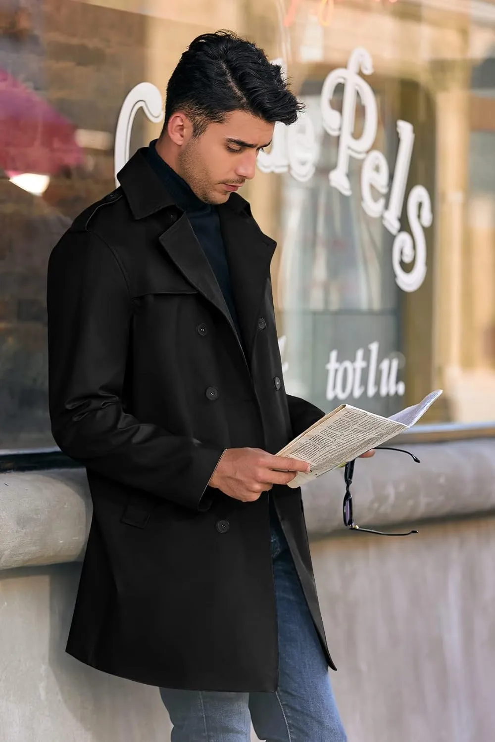 PASLTER Mens Trench Coat Notched Lapel Double Breasted Long Jacket Windbreaker Overcoat Pea Coat