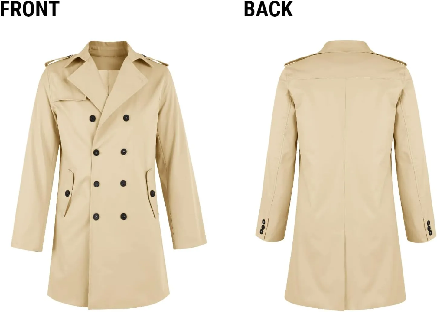 PASLTER Mens Trench Coat Notched Lapel Double Breasted Long Jacket Windbreaker Overcoat Pea Coat