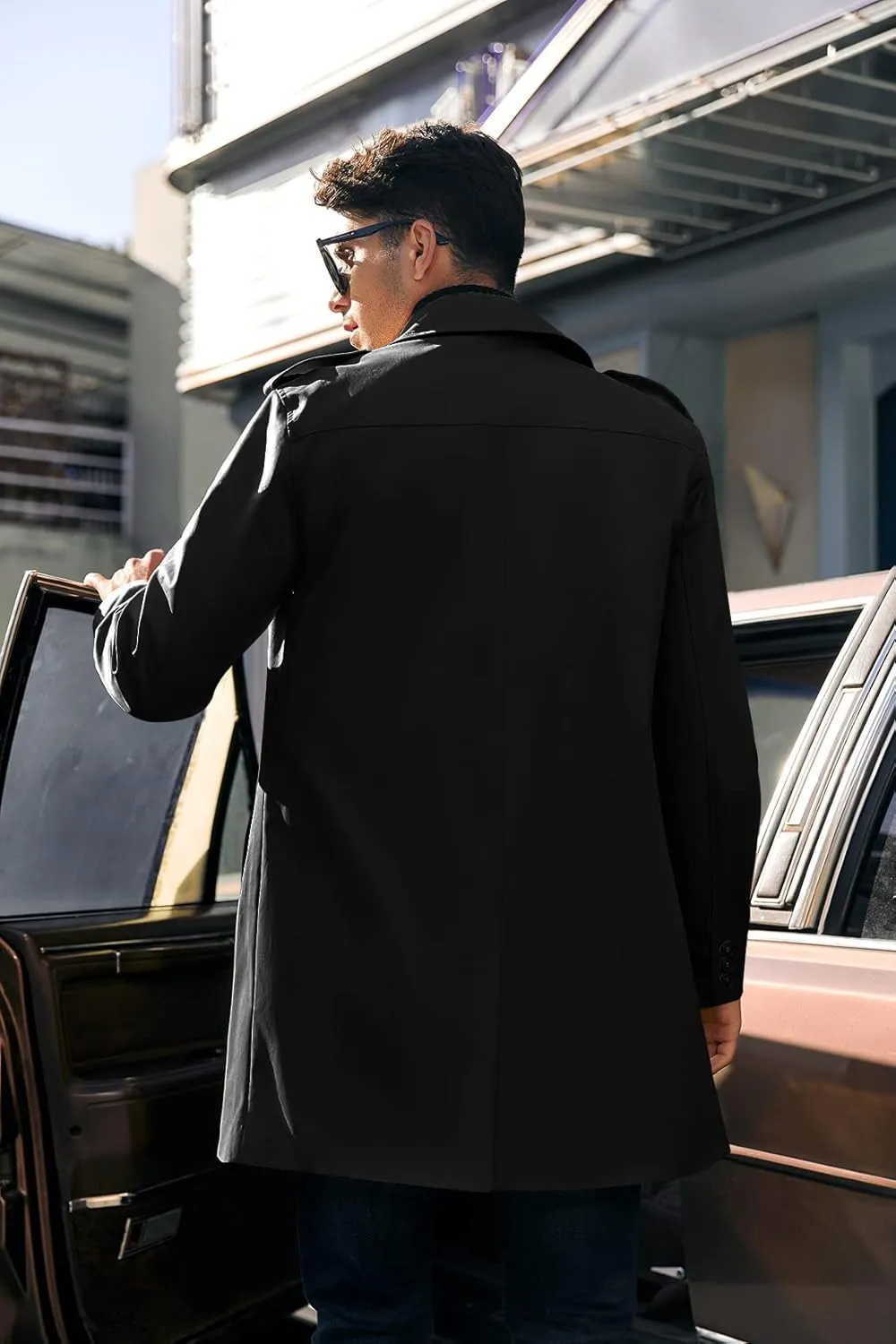 PASLTER Mens Trench Coat Notched Lapel Double Breasted Long Jacket Windbreaker Overcoat Pea Coat
