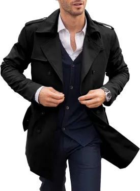 PASLTER Mens Trench Coat Notched Lapel Double Breasted Long Jacket Windbreaker Overcoat Pea Coat
