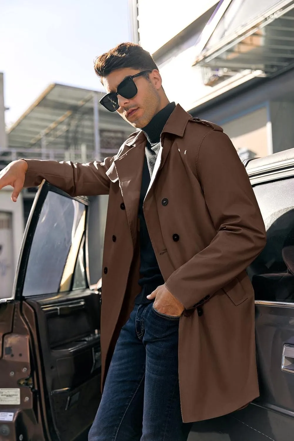 PASLTER Mens Trench Coat Notched Lapel Double Breasted Long Jacket Windbreaker Overcoat Pea Coat