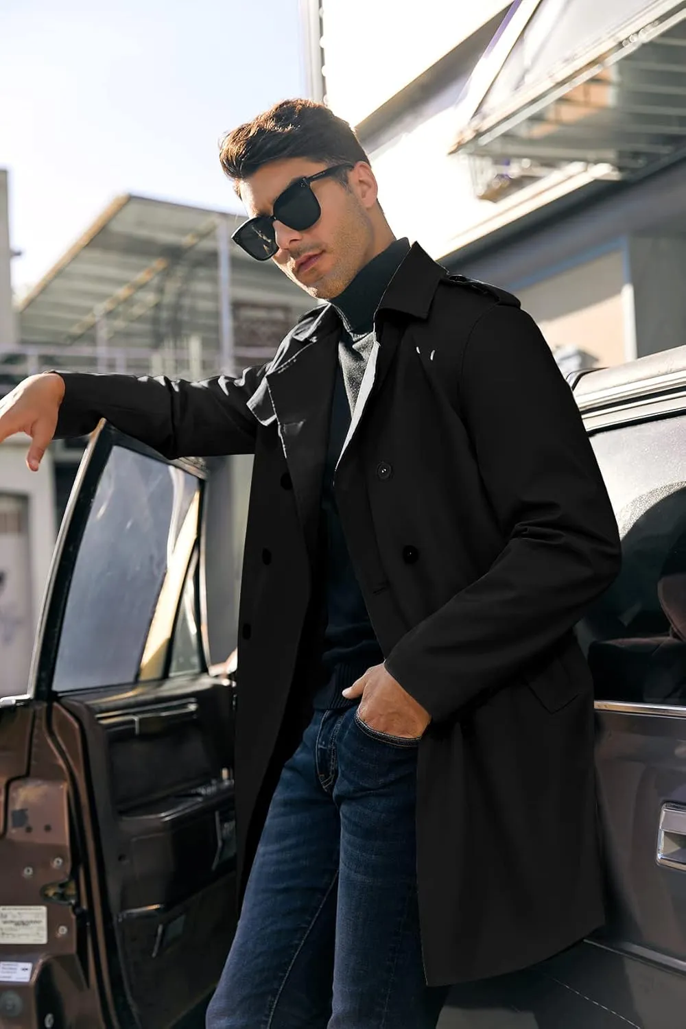 PASLTER Mens Trench Coat Notched Lapel Double Breasted Long Jacket Windbreaker Overcoat Pea Coat