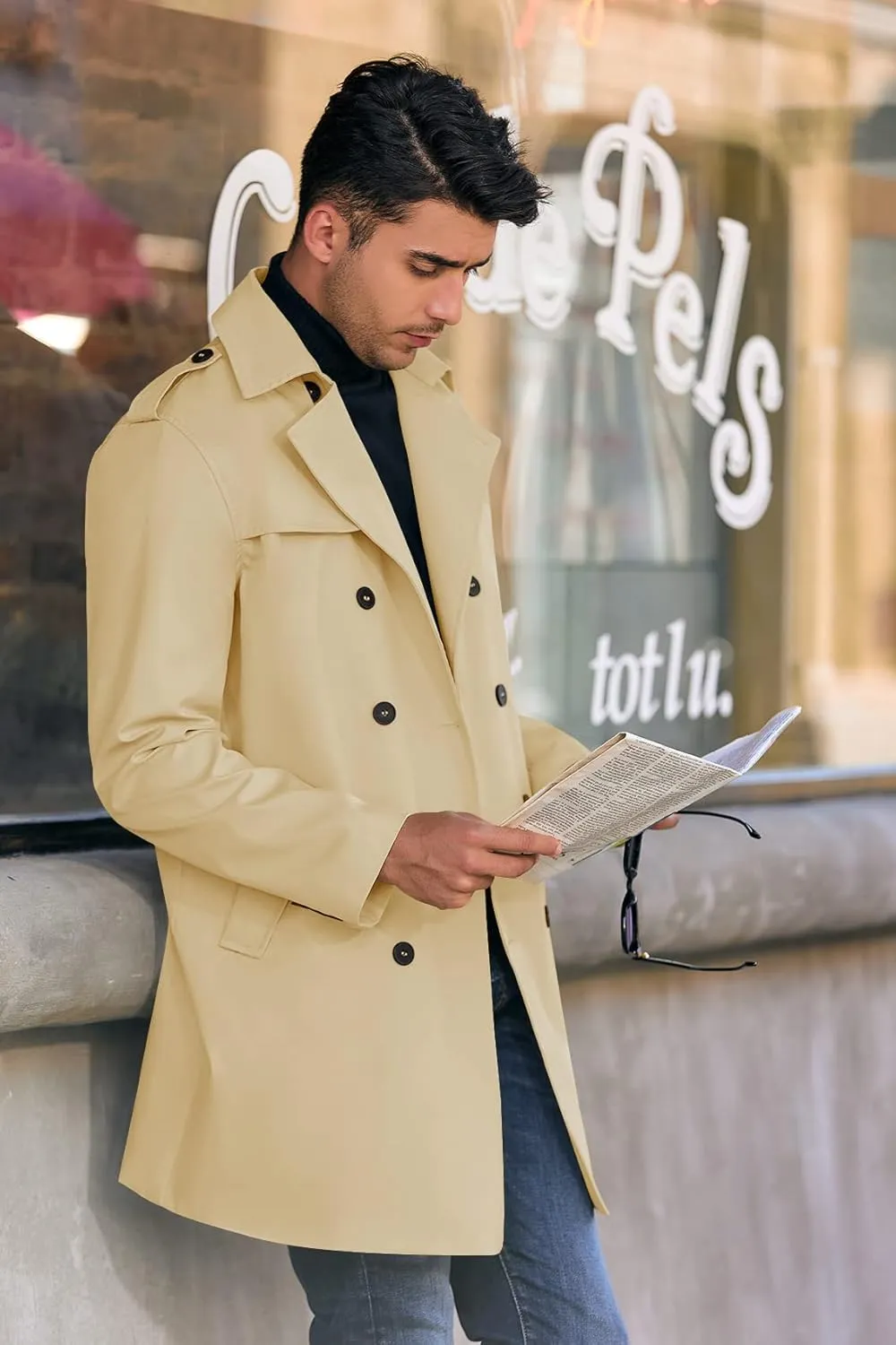 PASLTER Mens Trench Coat Notched Lapel Double Breasted Long Jacket Windbreaker Overcoat Pea Coat