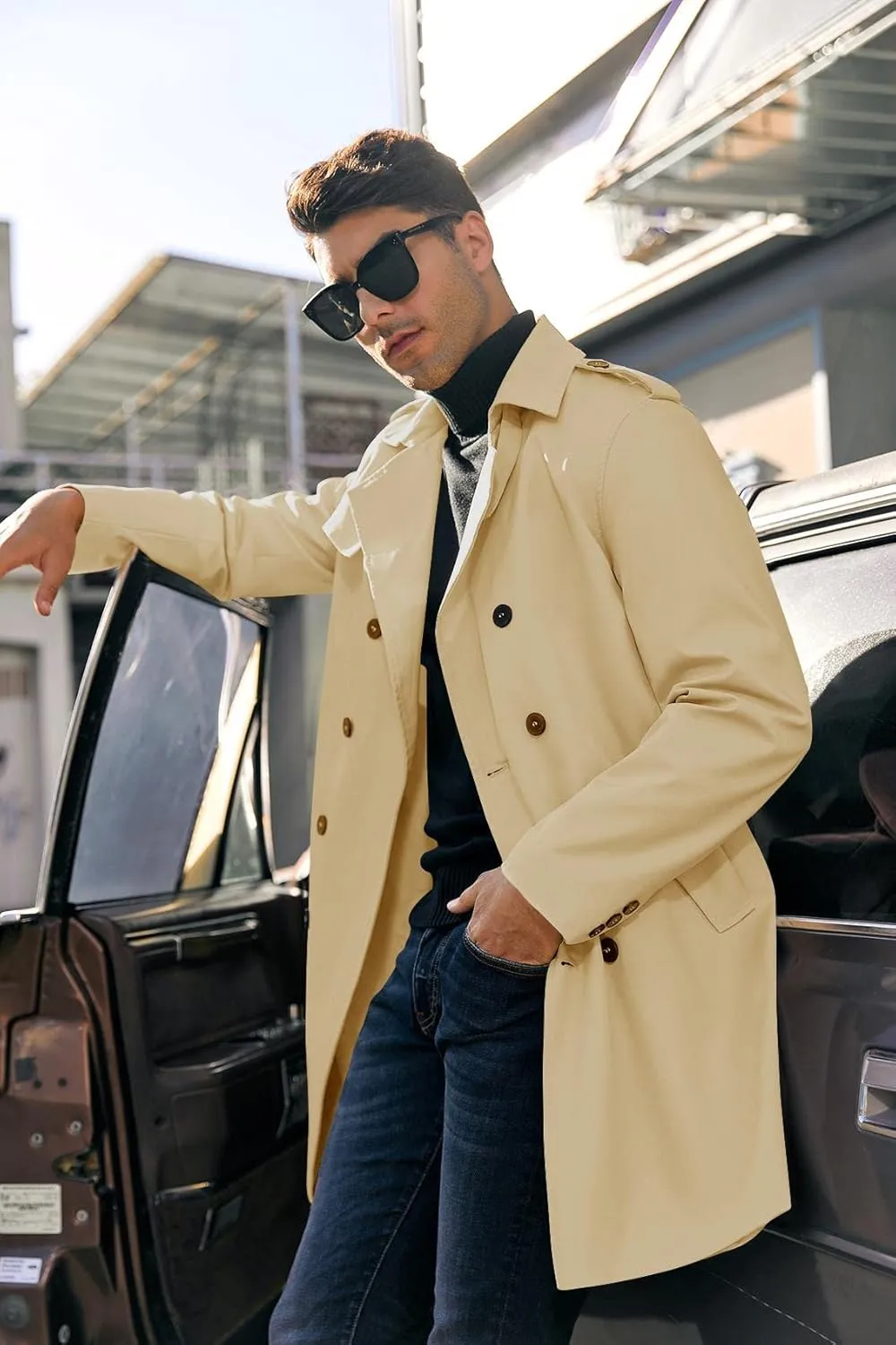 PASLTER Mens Trench Coat Notched Lapel Double Breasted Long Jacket Windbreaker Overcoat Pea Coat