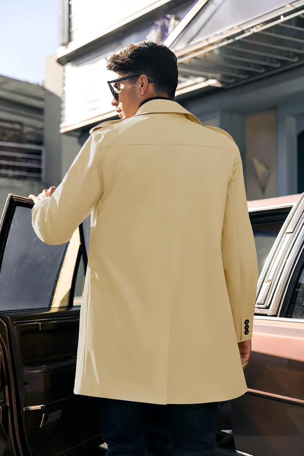 PASLTER Mens Trench Coat Notched Lapel Double Breasted Long Jacket Windbreaker Overcoat Pea Coat