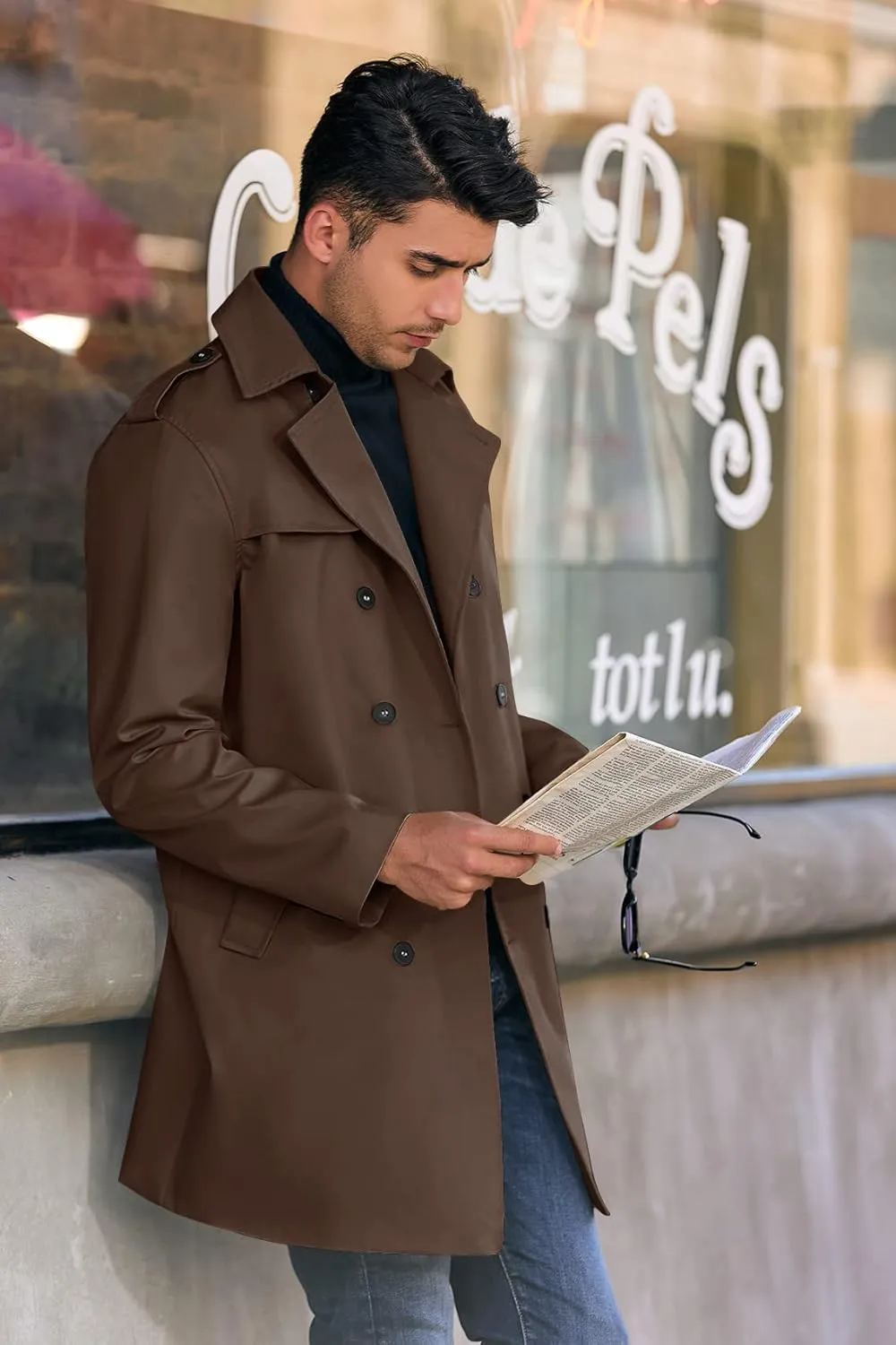 PASLTER Mens Trench Coat Notched Lapel Double Breasted Long Jacket Windbreaker Overcoat Pea Coat