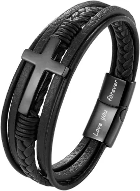 Personalized Mens Cross Leather Bracelet with Clasp Engraved Love You Forever Inspirational Braided Leather Bracelet for Men Husband Dad Brother Son Grandson