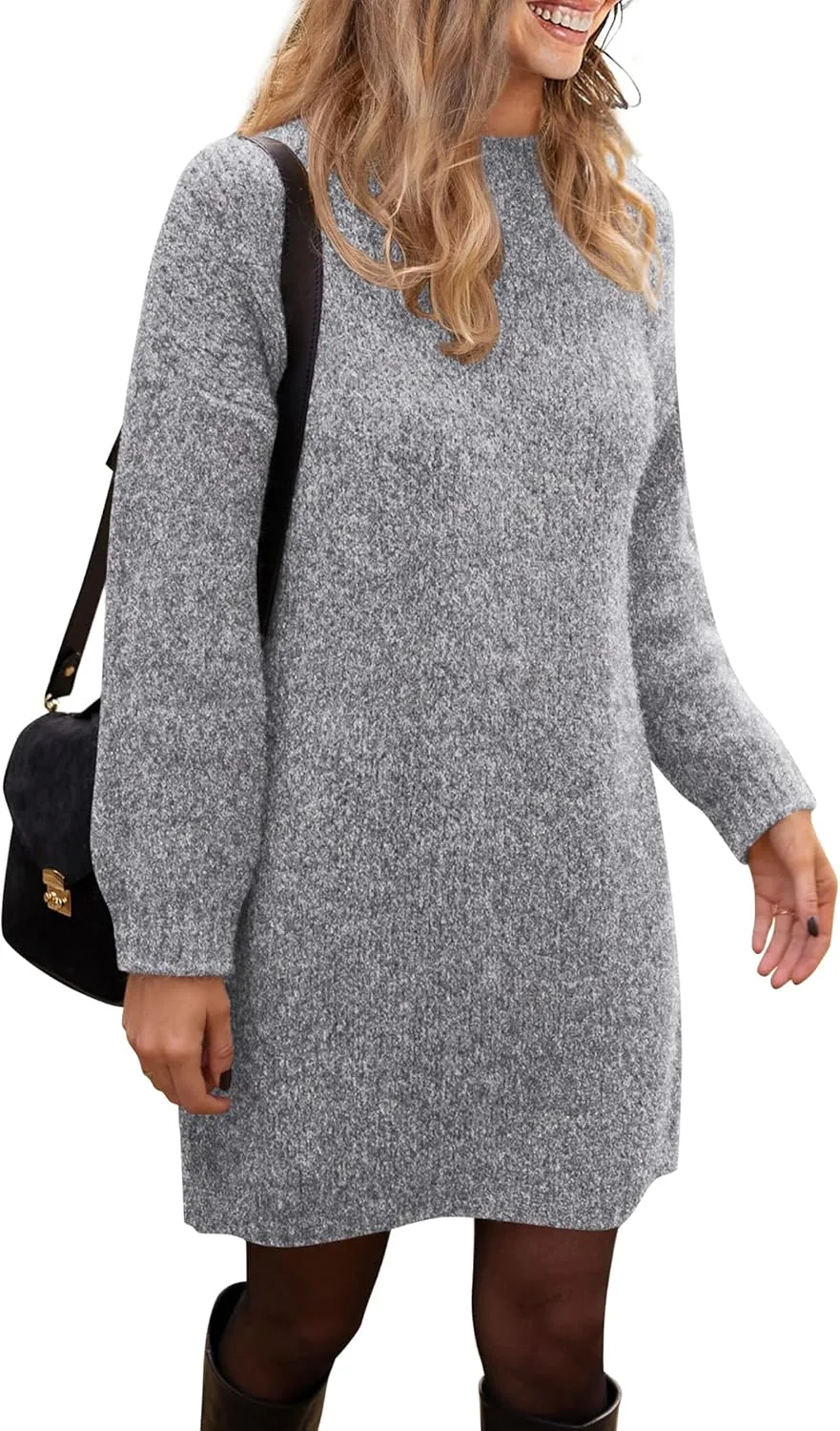 PRETTYGARDEN Women's 2025 Fall Knit Pullover Sweaters Long Sleeve Crewneck Oversized Loose Short Sweater Dress