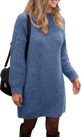 PRETTYGARDEN Women's 2025 Fall Knit Pullover Sweaters Long Sleeve Crewneck Oversized Loose Short Sweater Dress