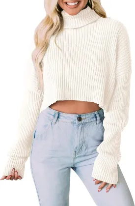 PRETTYGARDEN Women's 2025 Fall Winter Turtleneck Cropped Sweater Causal Ribbed Knit Long Sleeve Pullover Jumper Tops