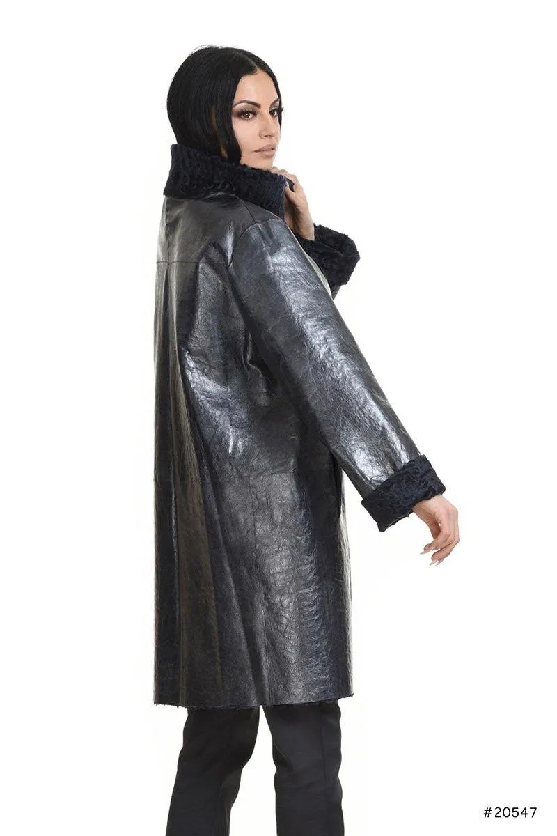 Reversible persian lamb coat with metallic leather