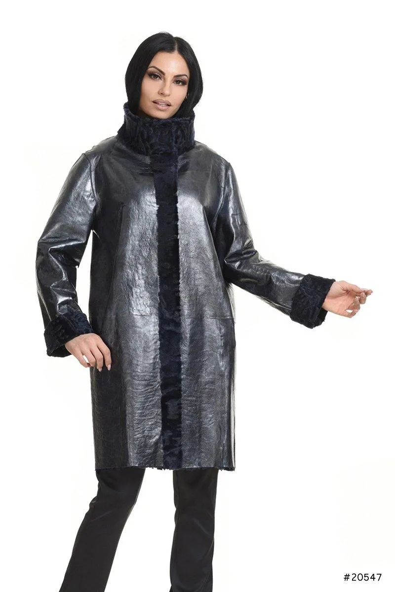 Reversible persian lamb coat with metallic leather