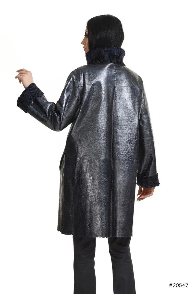 Reversible persian lamb coat with metallic leather