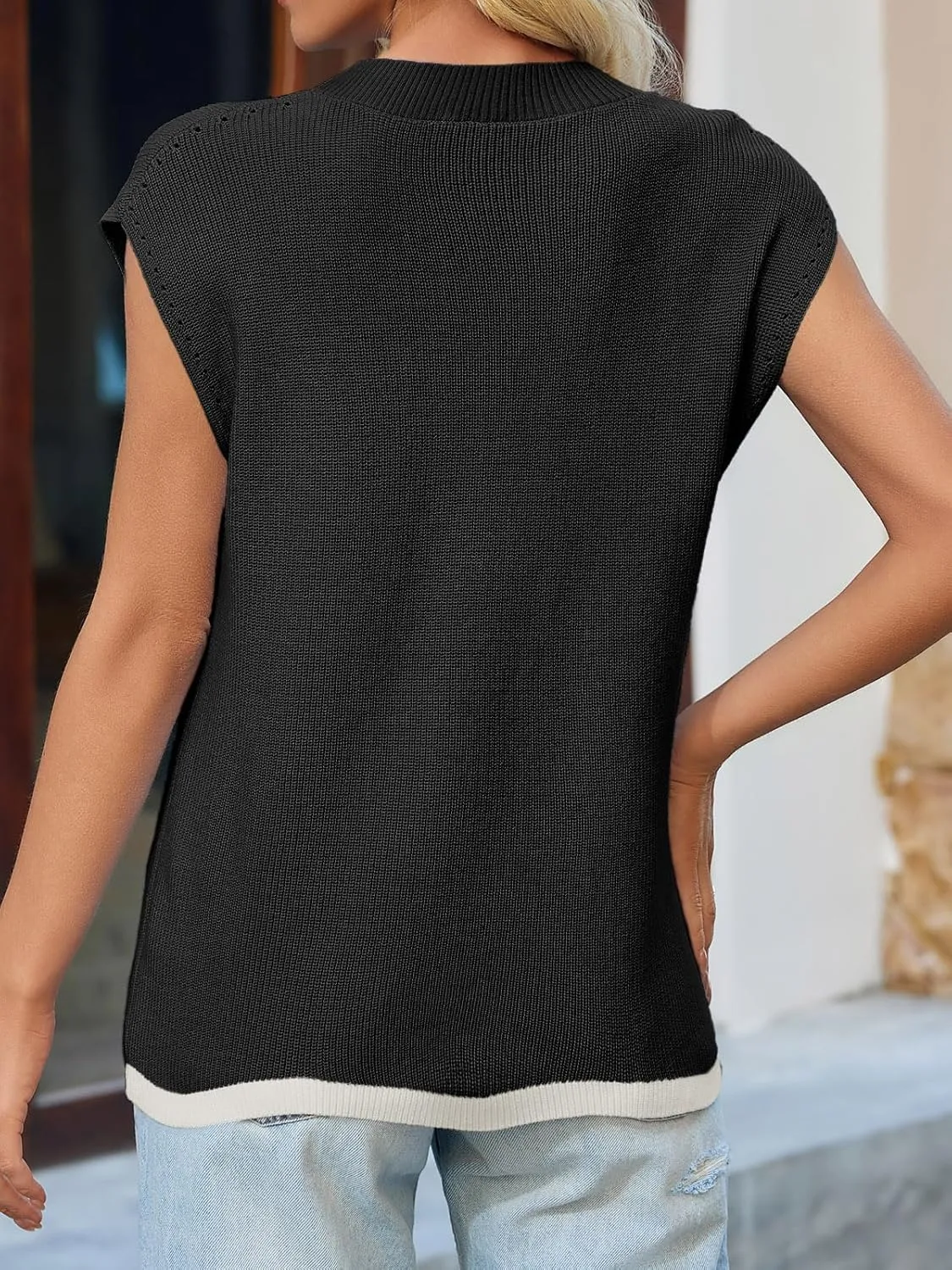 Saodimallsu Womens Cap Sleeve Knit Tops Casual Sleeveless Color Block Crew Neck Loose Fit Summer Trendy Sweater Vest