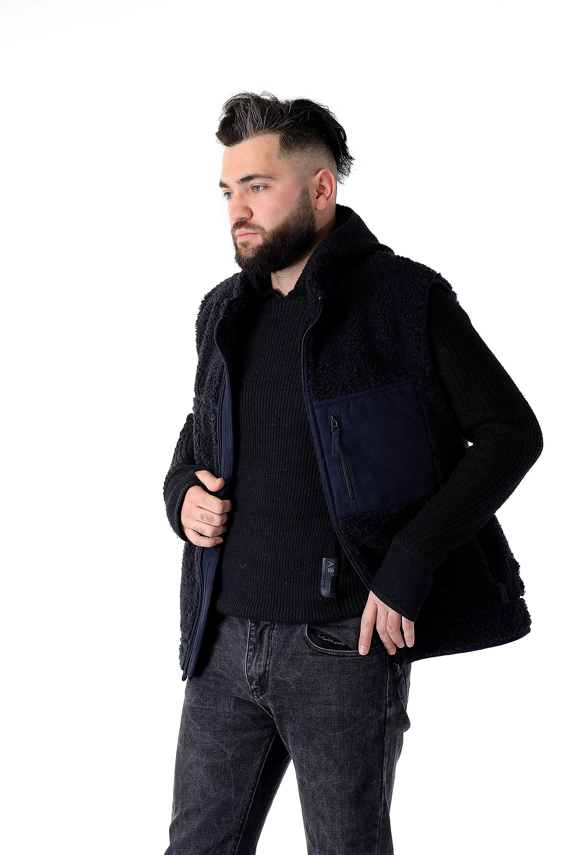 Shearling Sheepskin Vest Long Denim Blue with Big Zip Front and Side Pockets