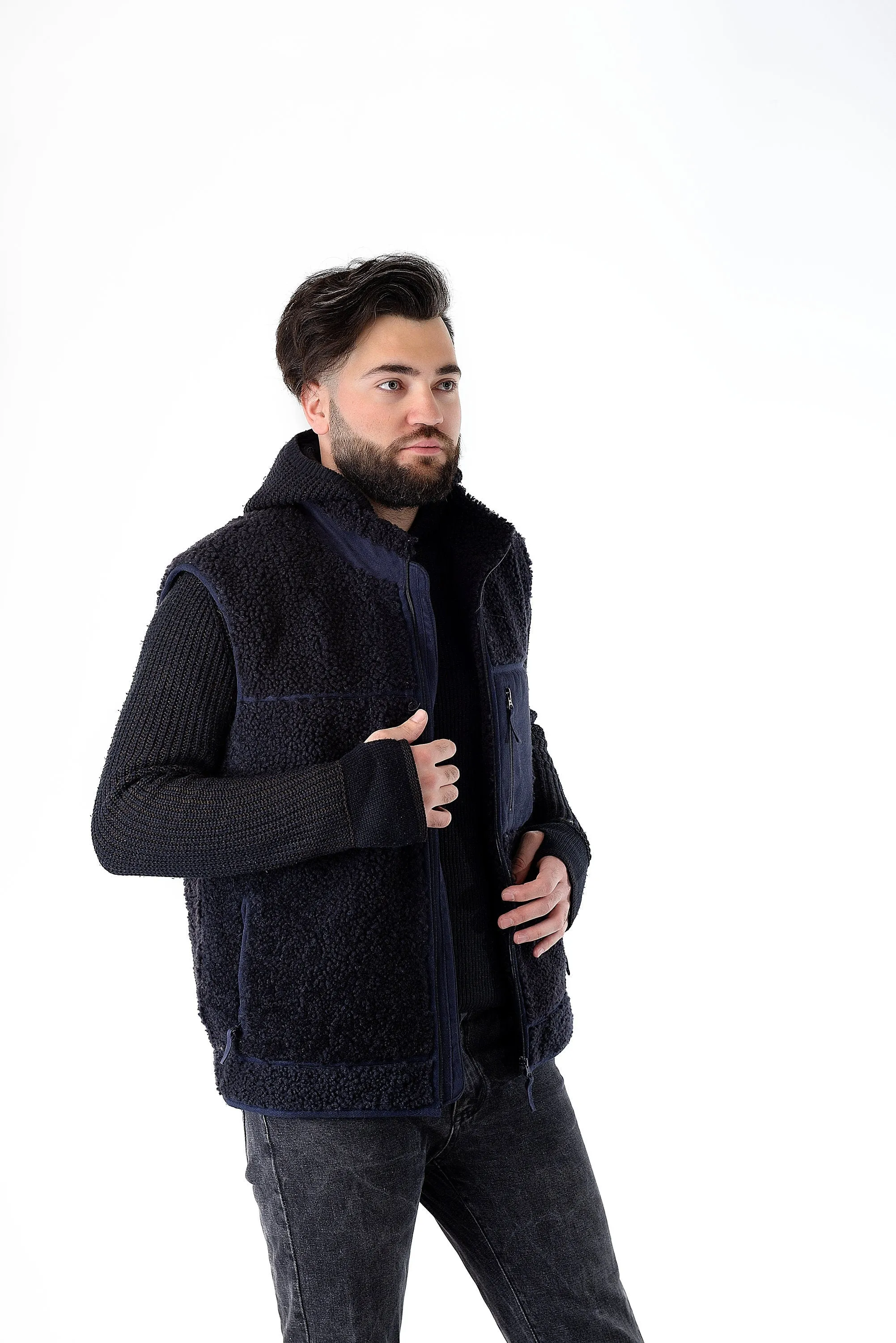 Shearling Sheepskin Vest Long Denim Blue with Big Zip Front and Side Pockets