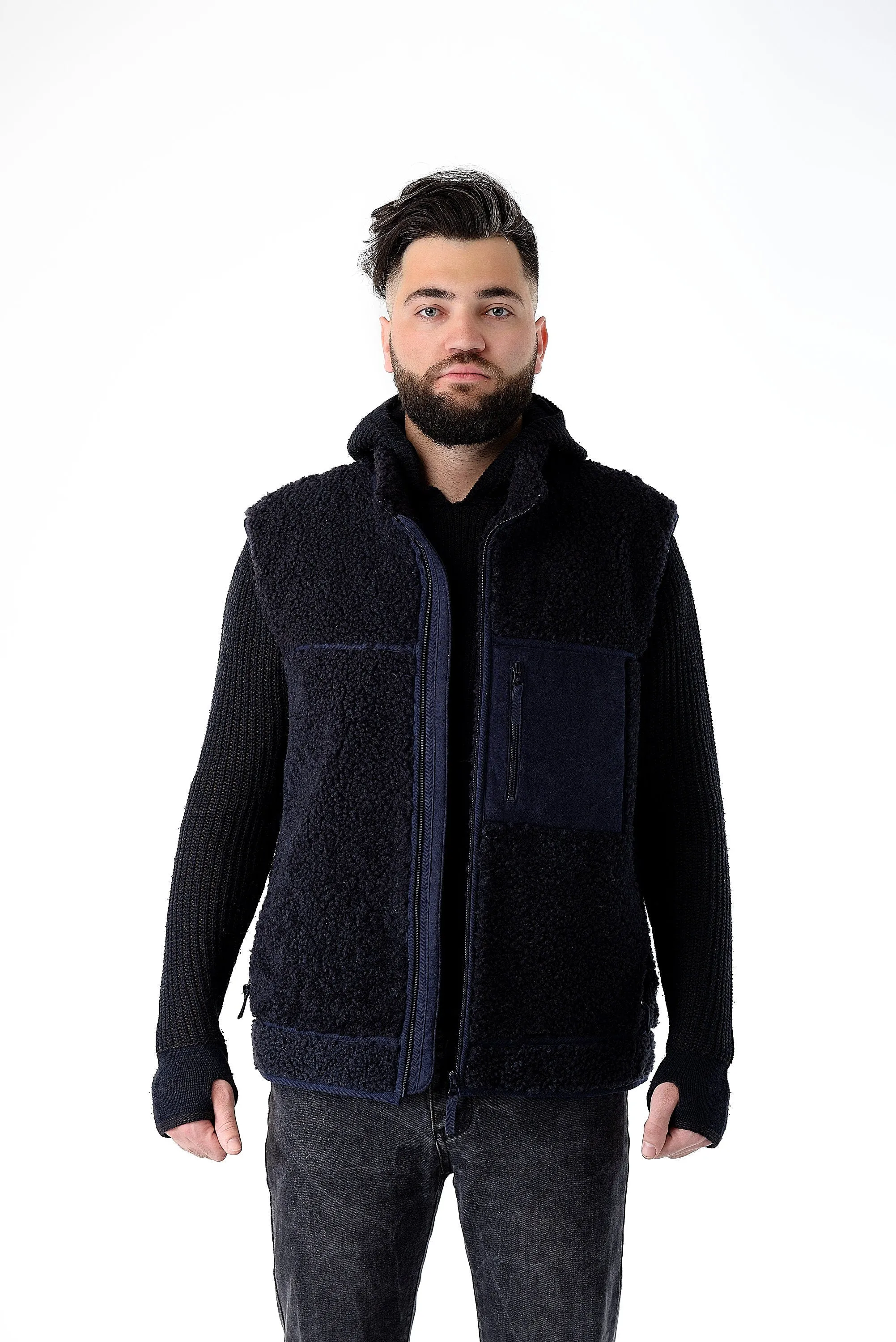 Shearling Sheepskin Vest Long Denim Blue with Big Zip Front and Side Pockets