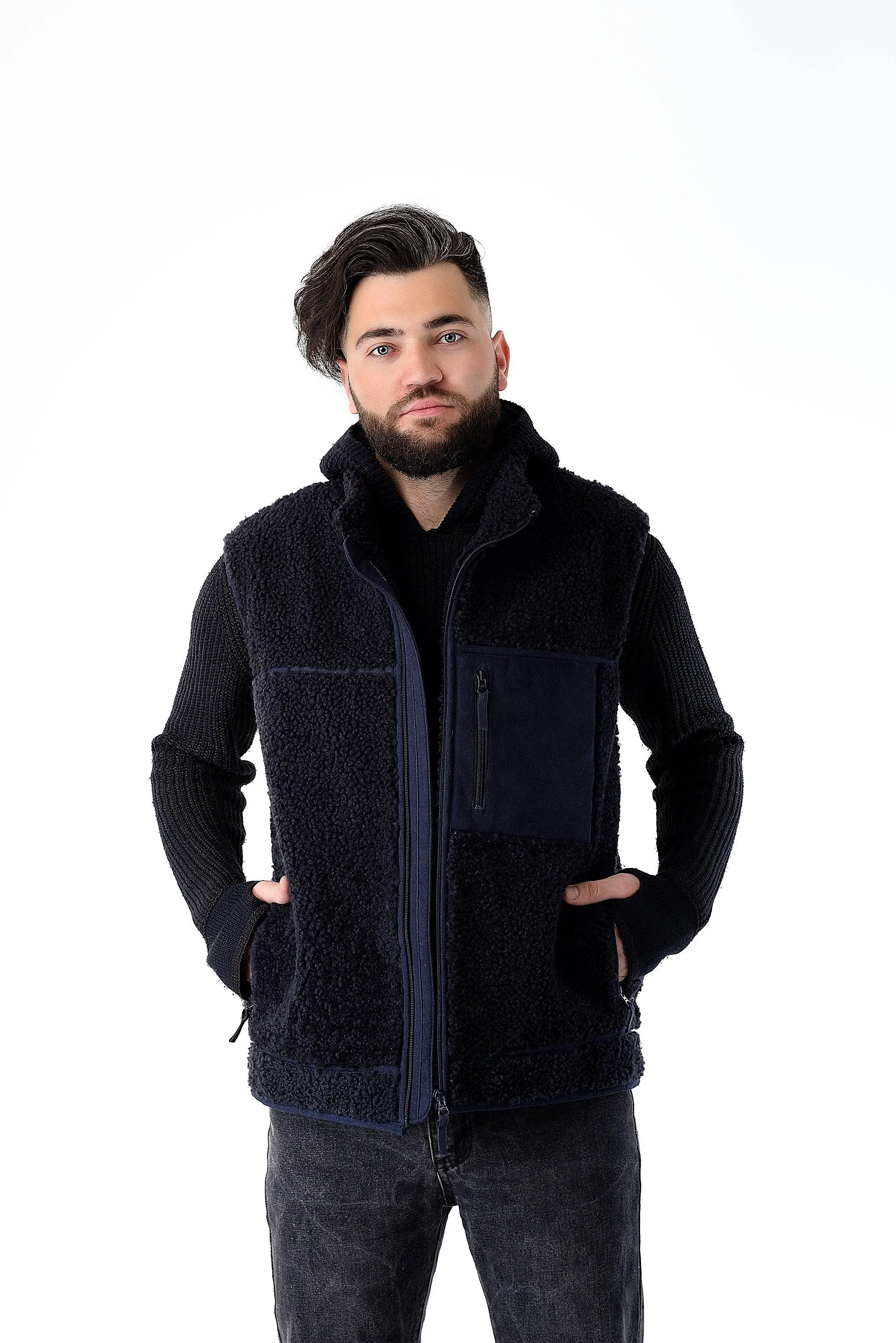 Shearling Sheepskin Vest Long Denim Blue with Big Zip Front and Side Pockets