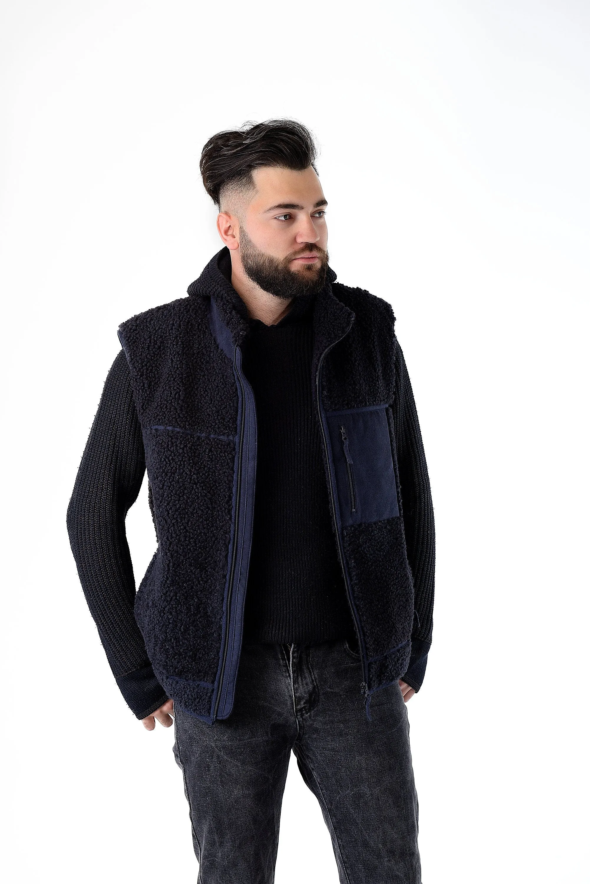 Shearling Sheepskin Vest Long Denim Blue with Big Zip Front and Side Pockets