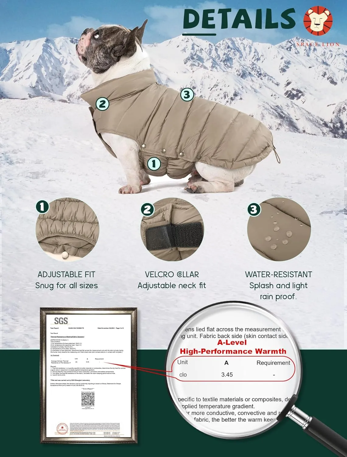 SPACE LION Puffer Jacket, Down Winter Coat, Waterproof, Windproof, Lightweight Jacket, Adjustable Fit for Small, Medium, Large Dogs (Khaki, S)