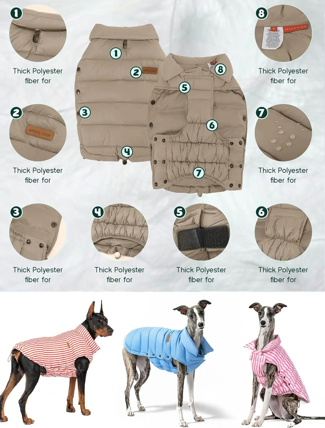 SPACE LION Puffer Jacket, Down Winter Coat, Waterproof, Windproof, Lightweight Jacket, Adjustable Fit for Small, Medium, Large Dogs (Khaki, S)