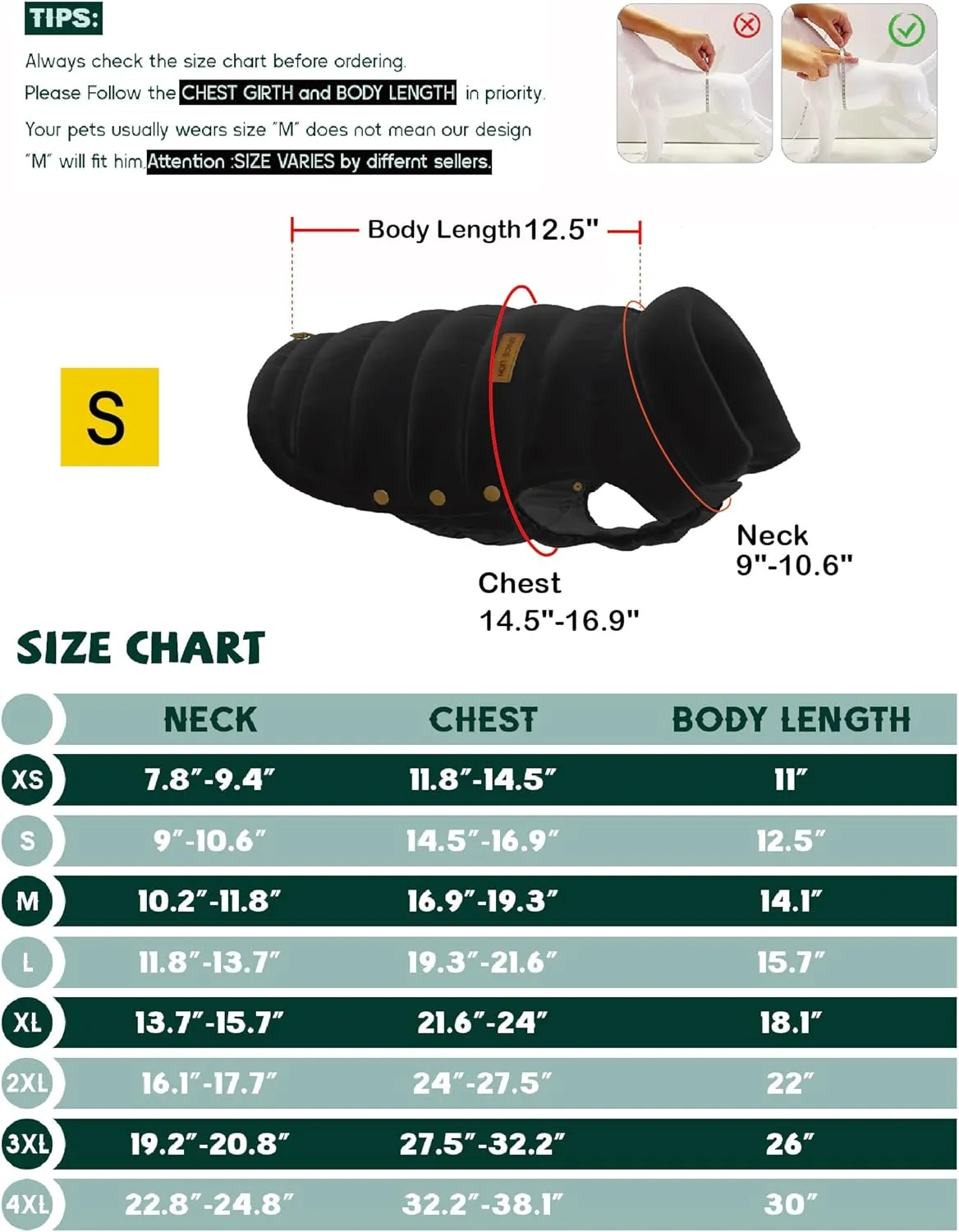 SPACE LION Puffer Jacket, Down Winter Coat, Waterproof, Windproof, Lightweight Jacket, Adjustable Fit for Small, Medium, Large Dogs (Khaki, S)