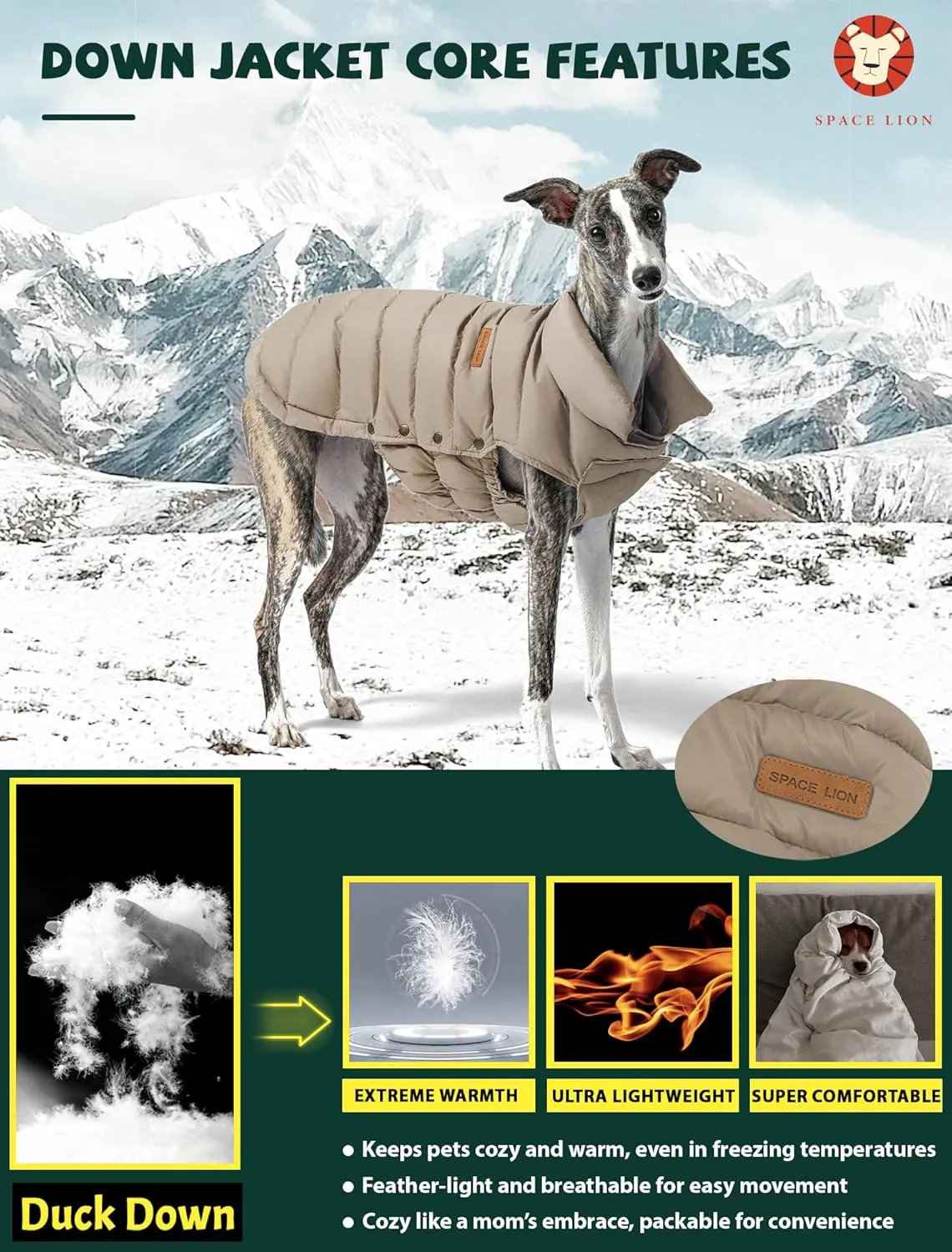 SPACE LION Puffer Jacket, Down Winter Coat, Waterproof, Windproof, Lightweight Jacket, Adjustable Fit for Small, Medium, Large Dogs (Khaki, S)