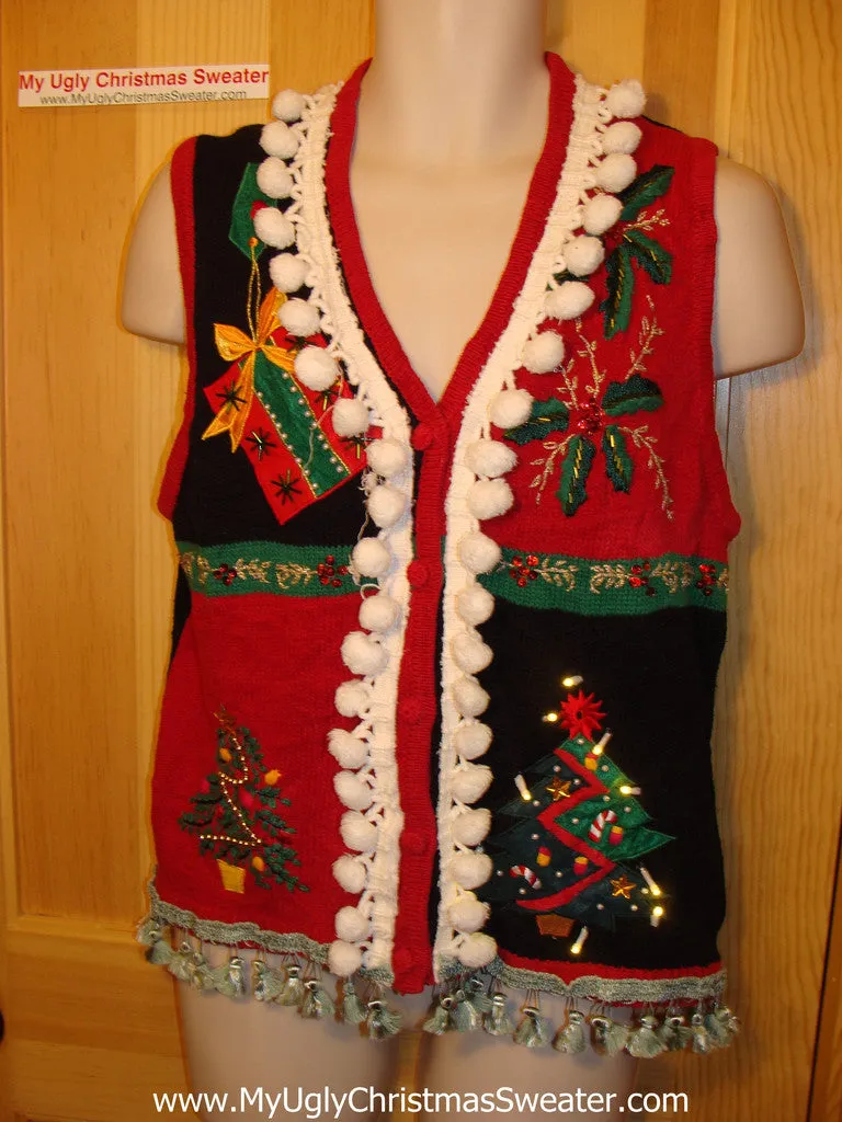 Tacky Ugly Christmas Sweater Vest with Lights and Fringe (g12)