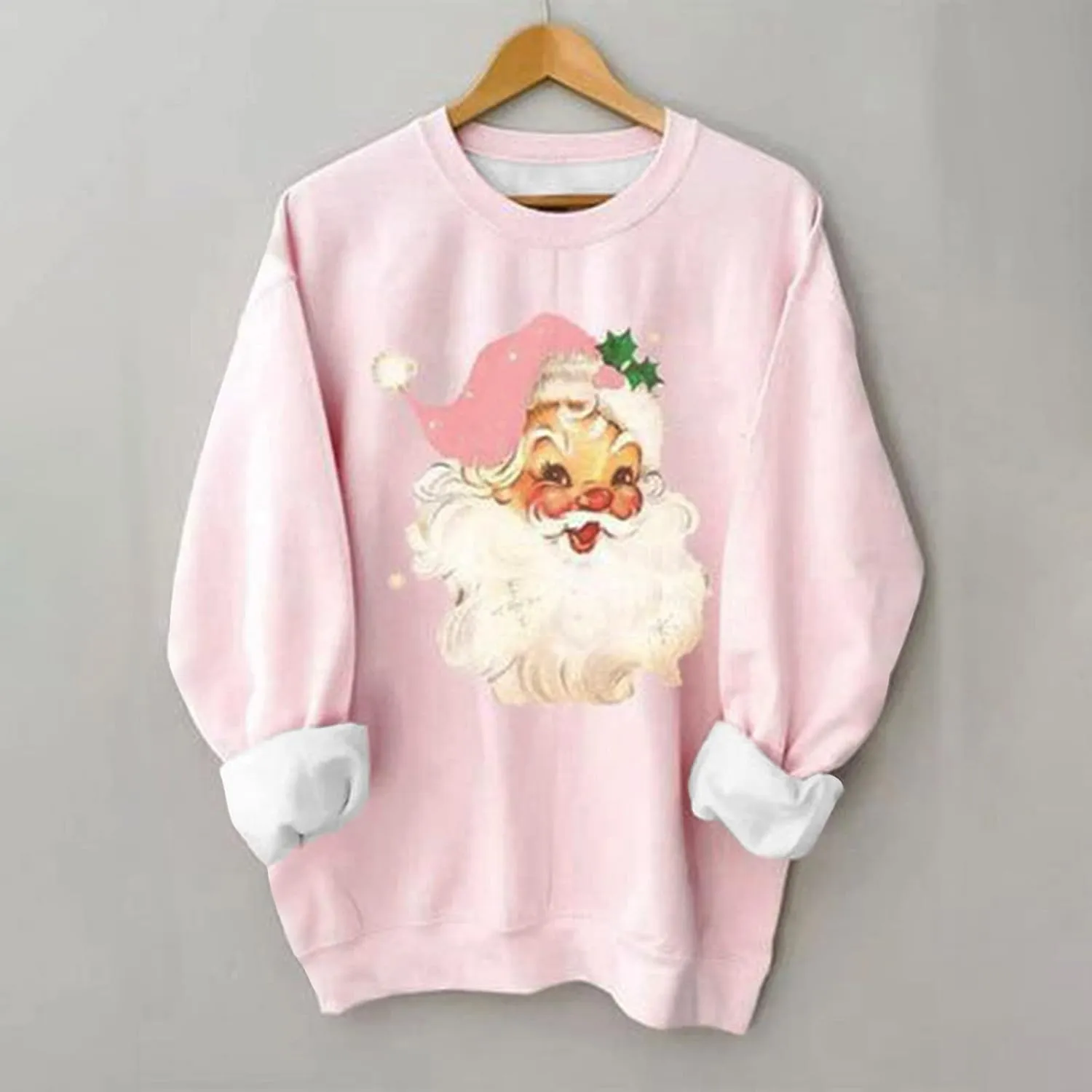 TANGNADE Pink Christmas Sweatshirts for Women Novelty Funny Santa Pullover Tops Graphic Sweatshirt Casual Holiday Shirts