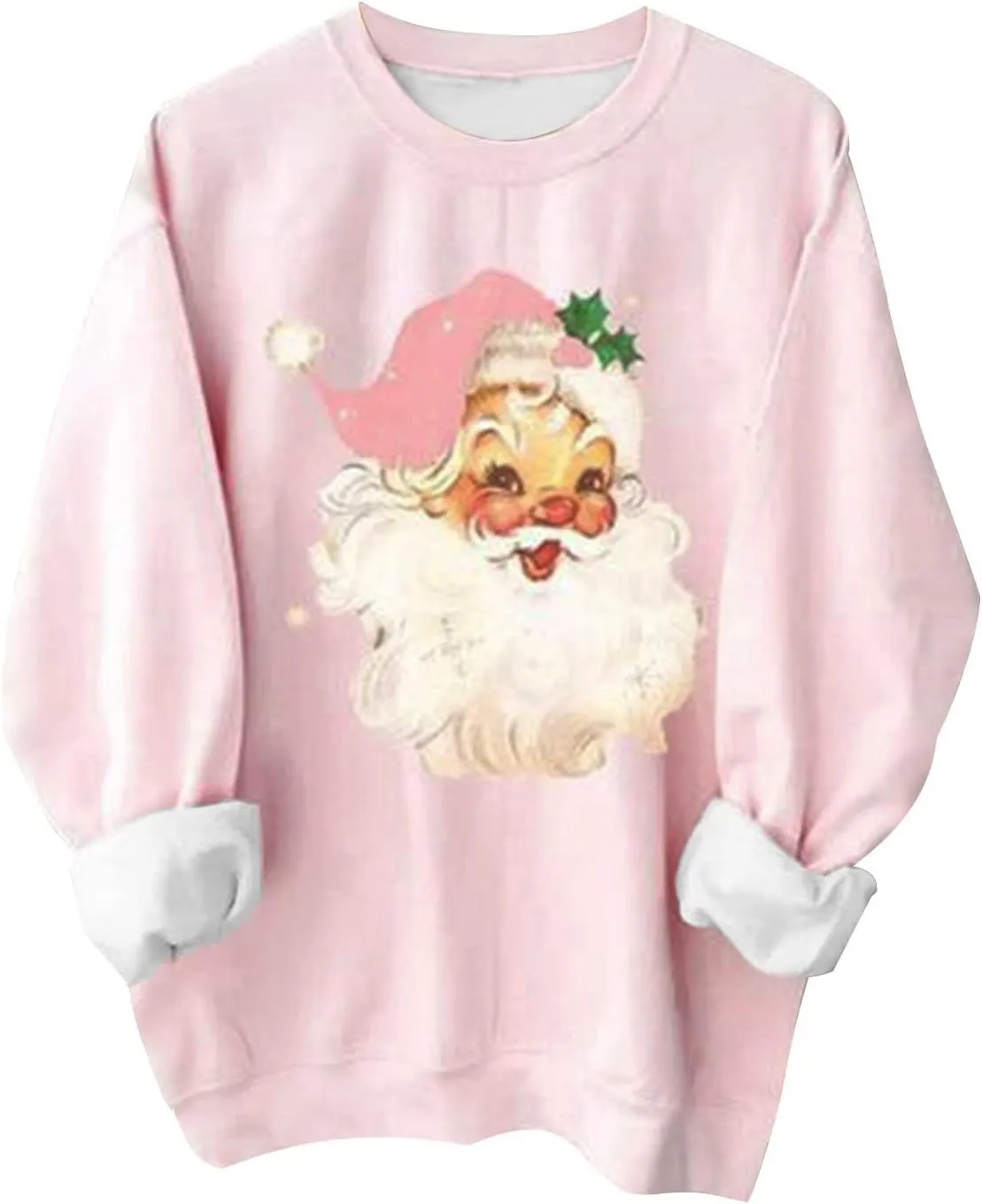 TANGNADE Pink Christmas Sweatshirts for Women Novelty Funny Santa Pullover Tops Graphic Sweatshirt Casual Holiday Shirts