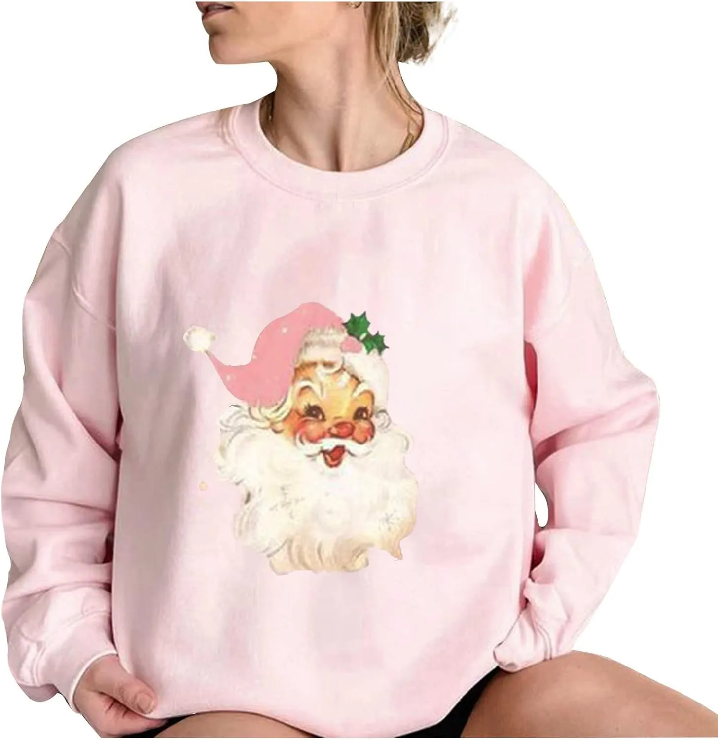 TANGNADE Pink Christmas Sweatshirts for Women Novelty Funny Santa Pullover Tops Graphic Sweatshirt Casual Holiday Shirts