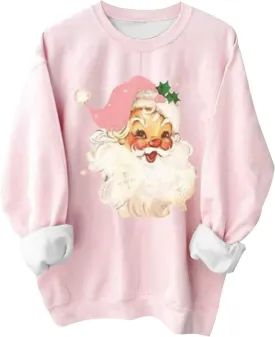 TANGNADE Pink Christmas Sweatshirts for Women Novelty Funny Santa Pullover Tops Graphic Sweatshirt Casual Holiday Shirts