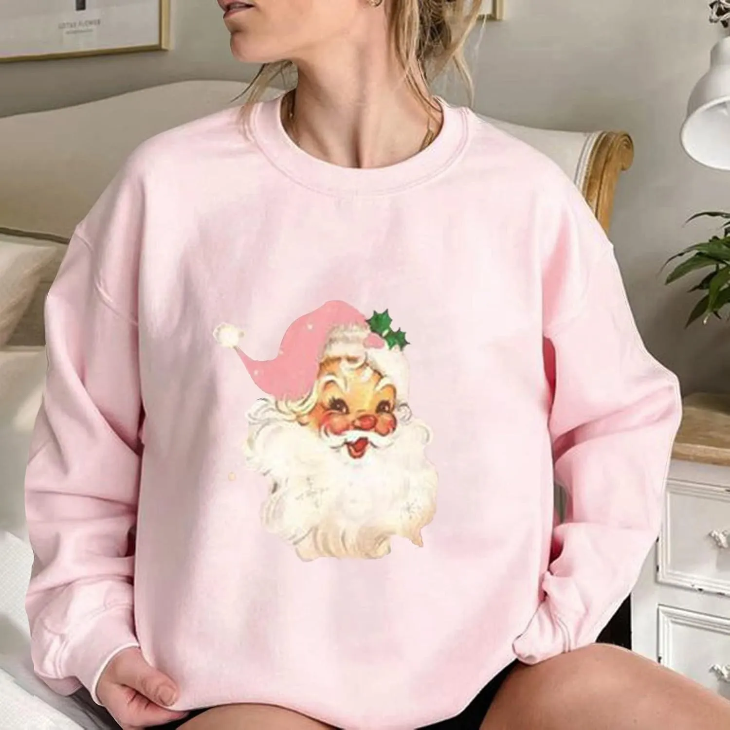 TANGNADE Pink Christmas Sweatshirts for Women Novelty Funny Santa Pullover Tops Graphic Sweatshirt Casual Holiday Shirts