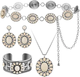 Tondiamo 4 Pcs Western Turquoise Jewelry Set for Women Turquoise Concho Jewelry Set Flower Turquoise Necklace Turquoise Earrings Cuff Bracelet Concho Chain Belt for Dresses