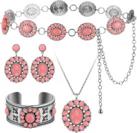 Tondiamo 4 Pcs Western Turquoise Jewelry Set for Women Turquoise Concho Jewelry Set Flower Turquoise Necklace Turquoise Earrings Cuff Bracelet Concho Chain Belt for Dresses