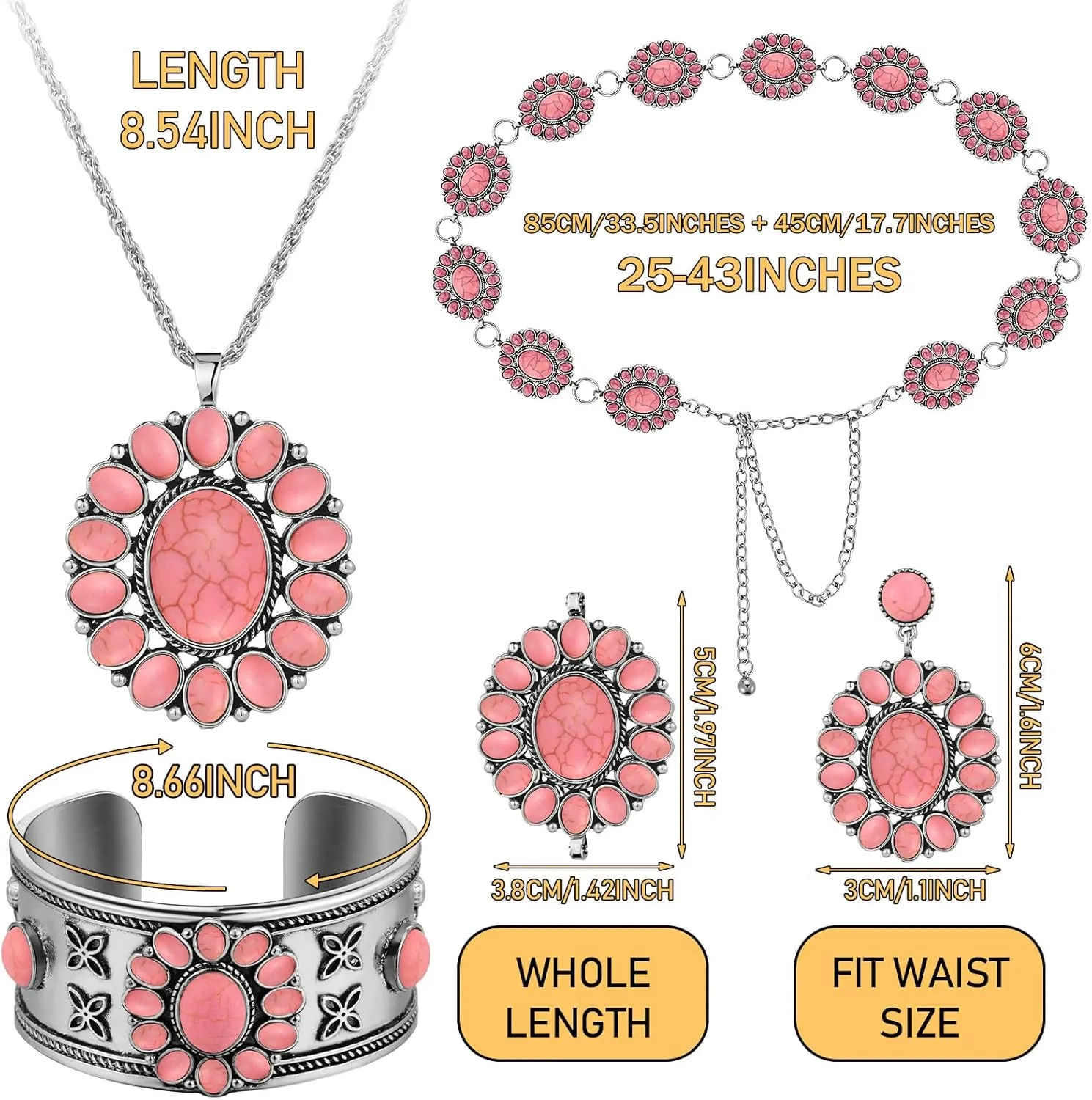 Tondiamo 4 Pcs Western Turquoise Jewelry Set for Women Turquoise Concho Jewelry Set Flower Turquoise Necklace Turquoise Earrings Cuff Bracelet Concho Chain Belt for Dresses