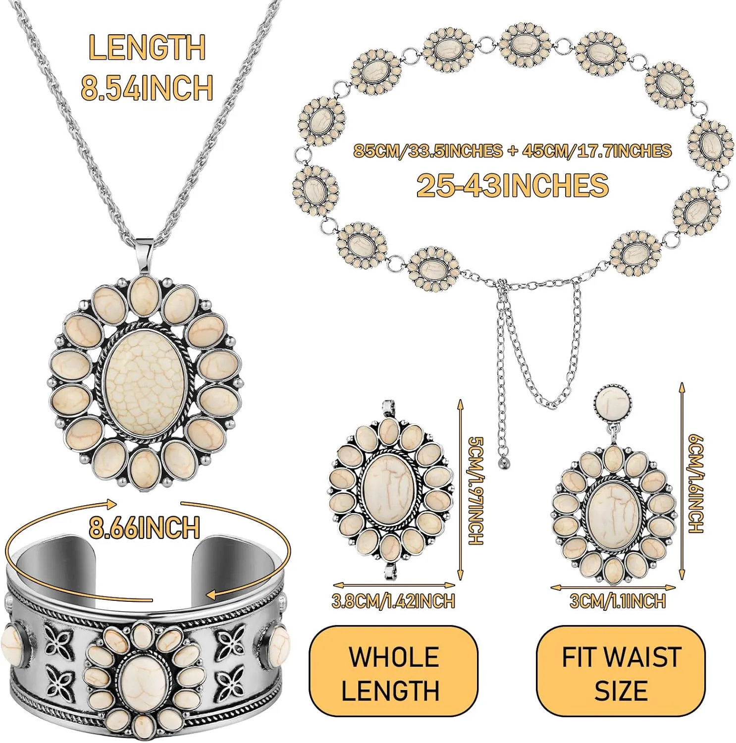 Tondiamo 4 Pcs Western Turquoise Jewelry Set for Women Turquoise Concho Jewelry Set Flower Turquoise Necklace Turquoise Earrings Cuff Bracelet Concho Chain Belt for Dresses