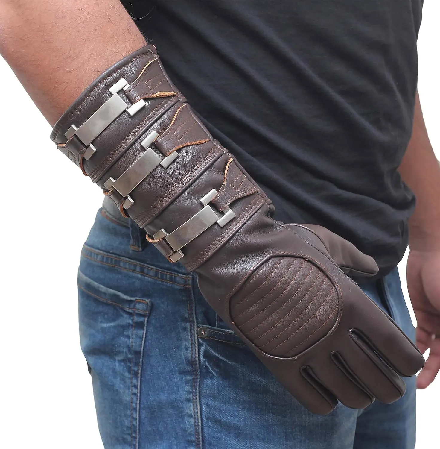 URBAN BUCK Real Leather Gauntlet Costume Long Regular Fit Mens Assorted Buckle Cosplay Glove