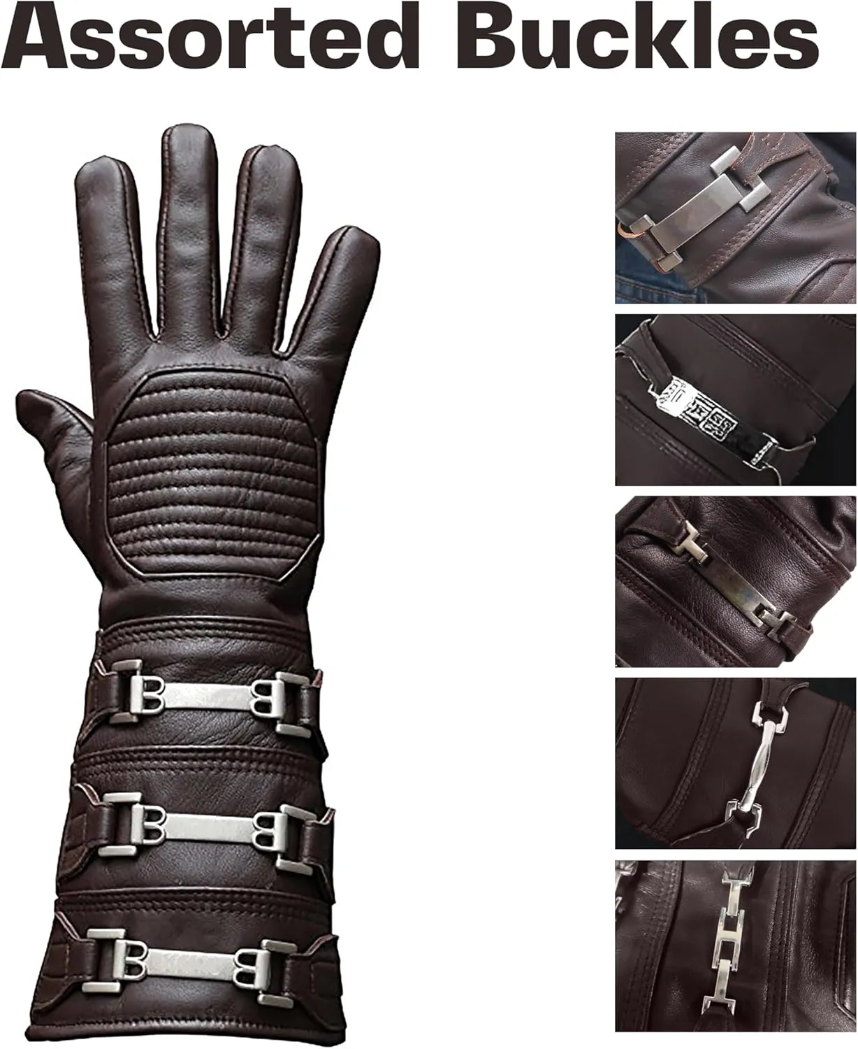 URBAN BUCK Real Leather Gauntlet Costume Long Regular Fit Mens Assorted Buckle Cosplay Glove