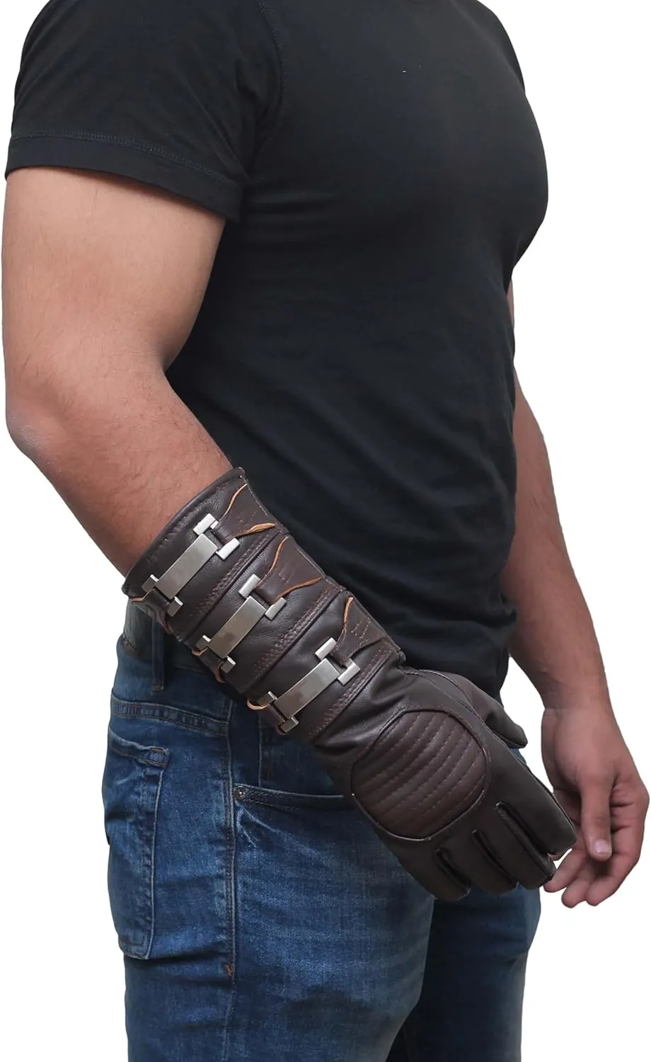 URBAN BUCK Real Leather Gauntlet Costume Long Regular Fit Mens Assorted Buckle Cosplay Glove