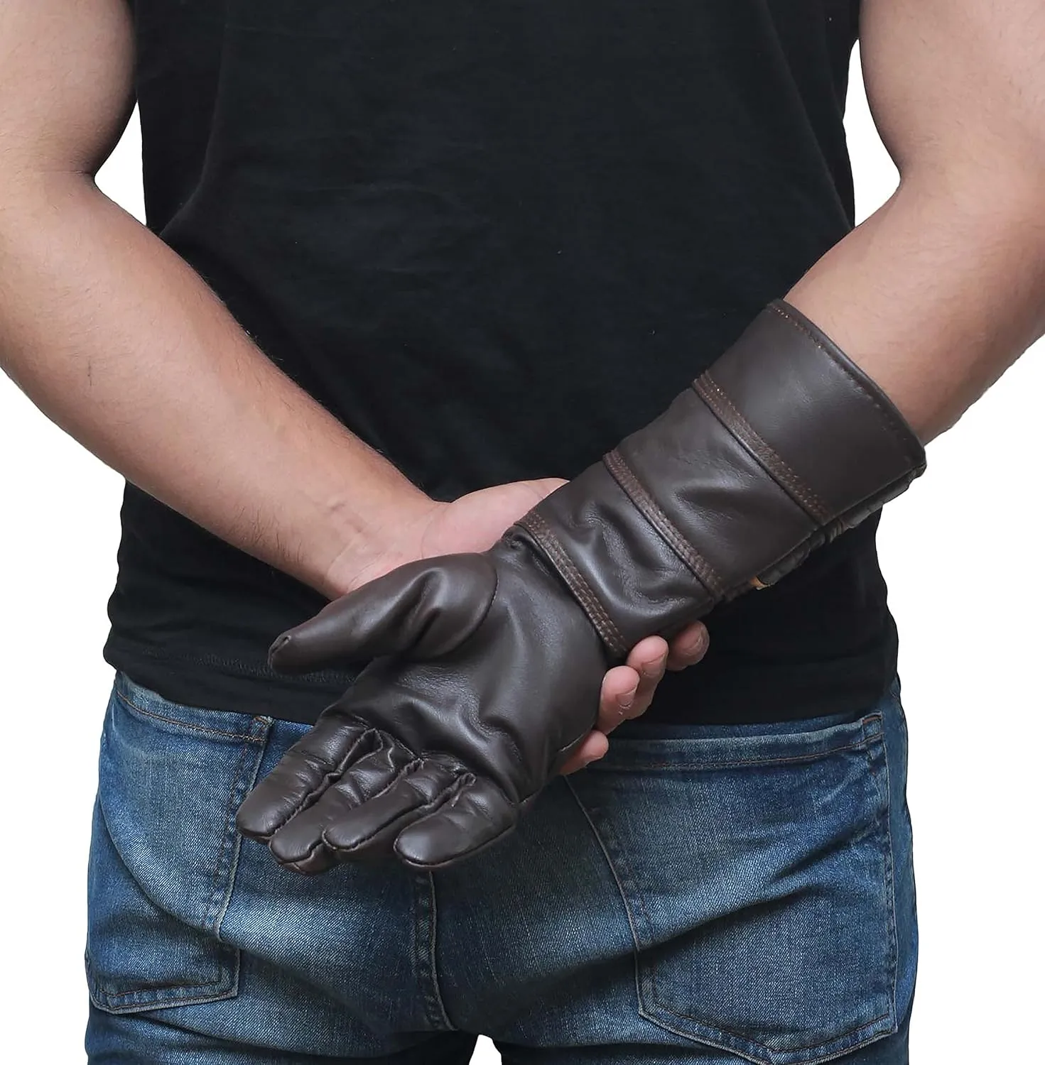 URBAN BUCK Real Leather Gauntlet Costume Long Regular Fit Mens Assorted Buckle Cosplay Glove