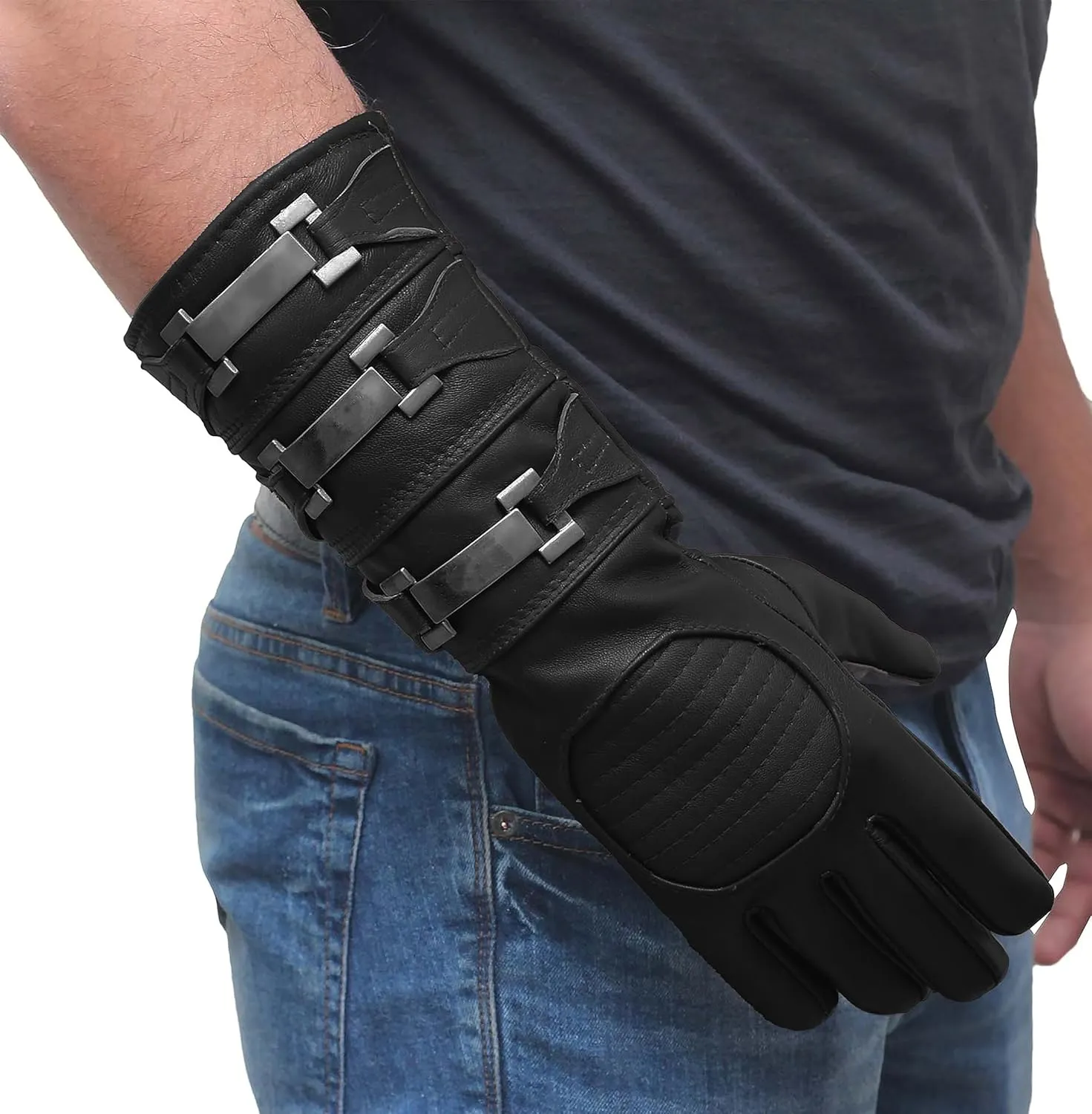 URBAN BUCK Real Sheepskin Leather Sky Gauntlet Costume Glove - Regular Fit Long Arm Cuff Mens Unlined Cosplay Gloves