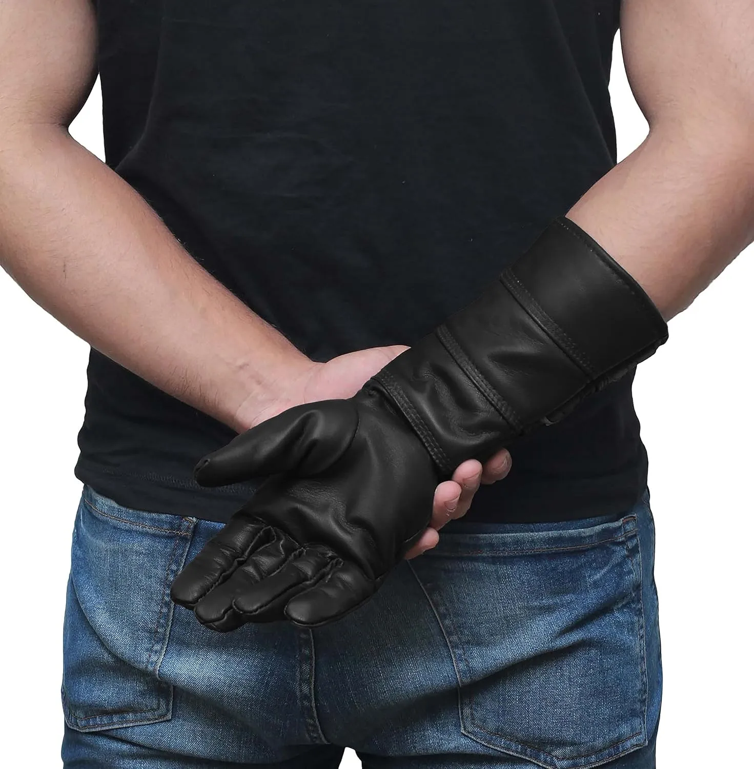 URBAN BUCK Real Sheepskin Leather Sky Gauntlet Costume Glove - Regular Fit Long Arm Cuff Mens Unlined Cosplay Gloves