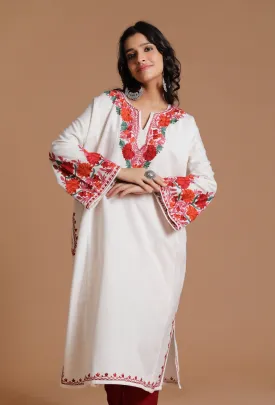 White Aari Embroidered Kashmiri Phiran-Free Size