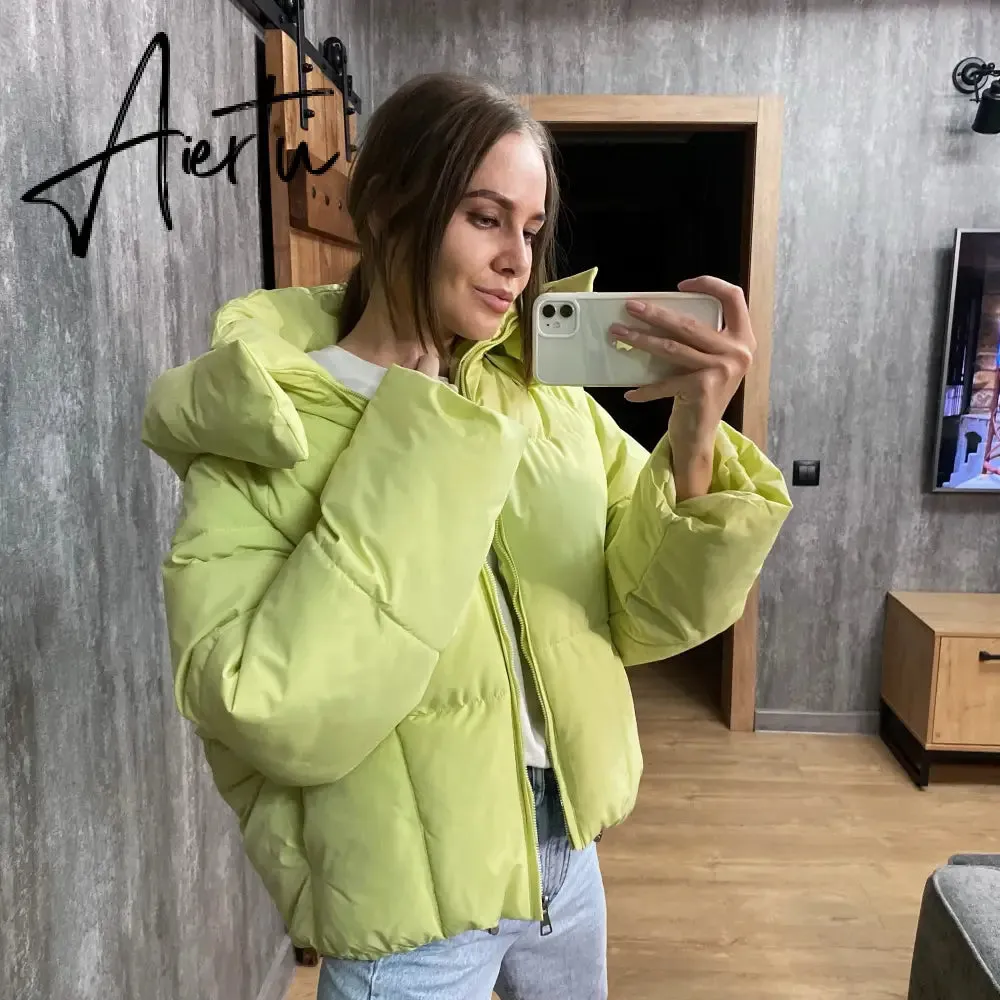 Winter new Korean style fluffy hooded bread down jacket women thick loose short jacket