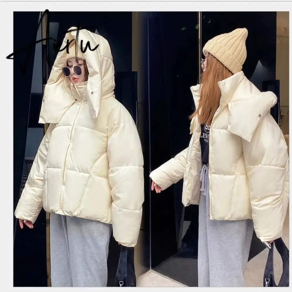 Winter new Korean style fluffy hooded bread down jacket women thick loose short jacket