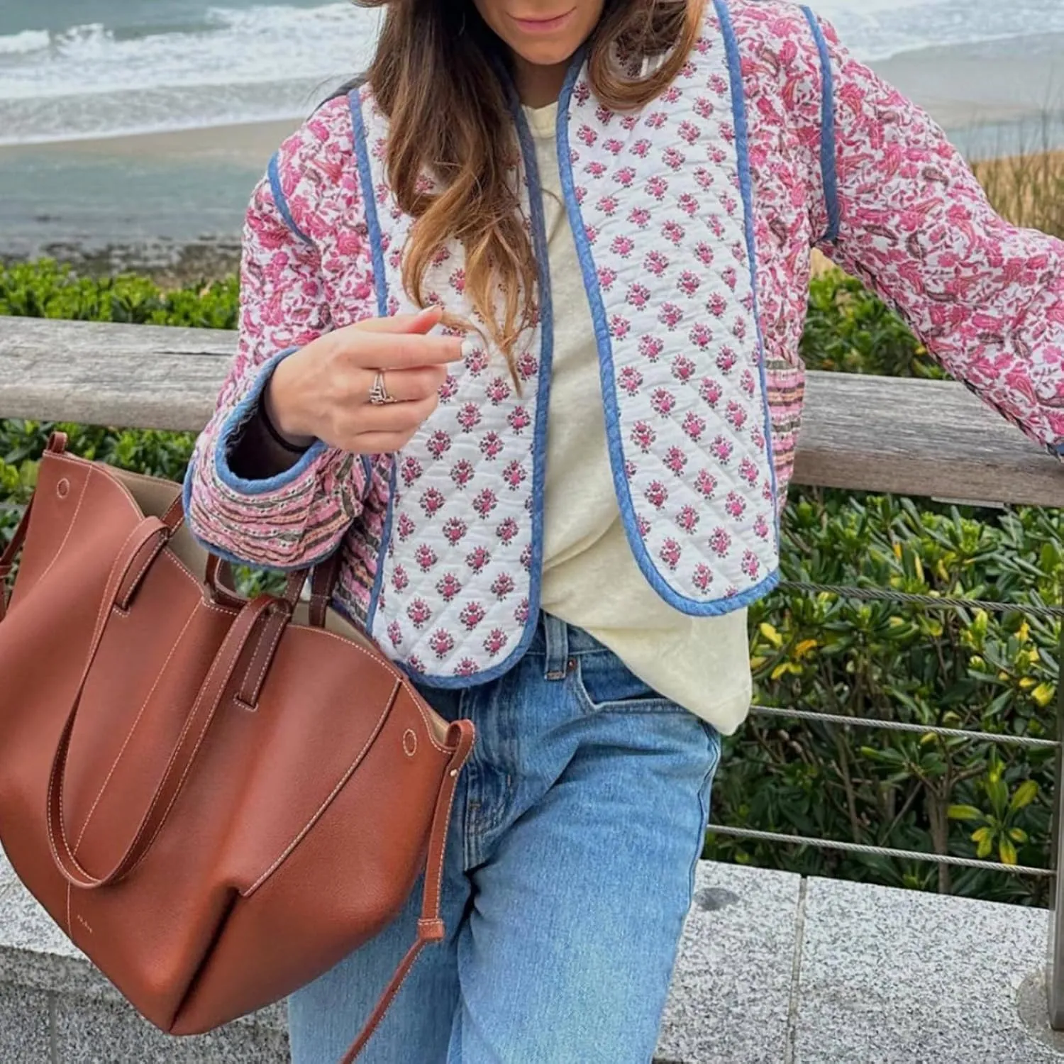 Women Floral Printed Quilted Lightweight Jackets Cropped Puffer Long Sleeve Open Front Cardigan Padded Puffy Coat
