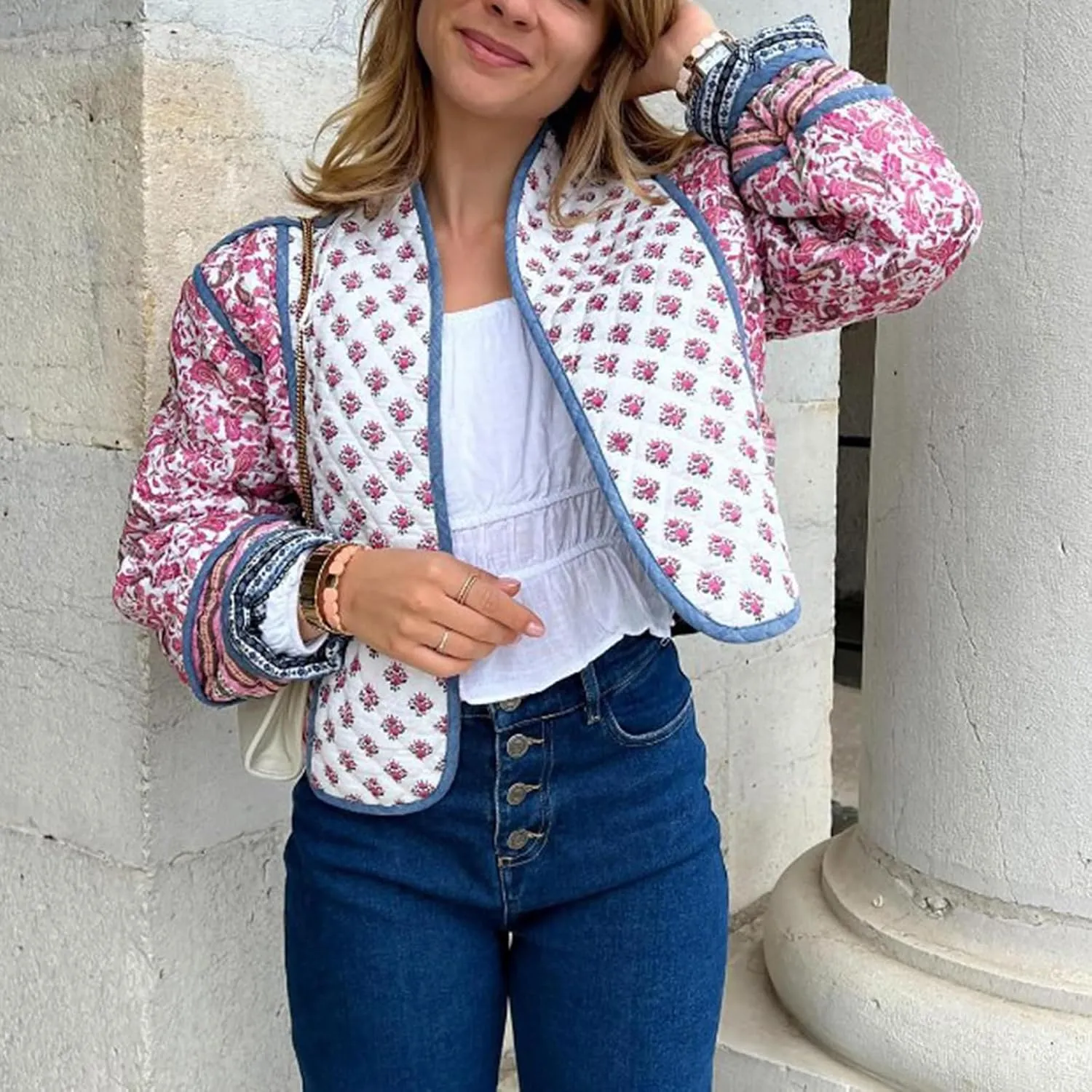 Women Floral Printed Quilted Lightweight Jackets Cropped Puffer Long Sleeve Open Front Cardigan Padded Puffy Coat