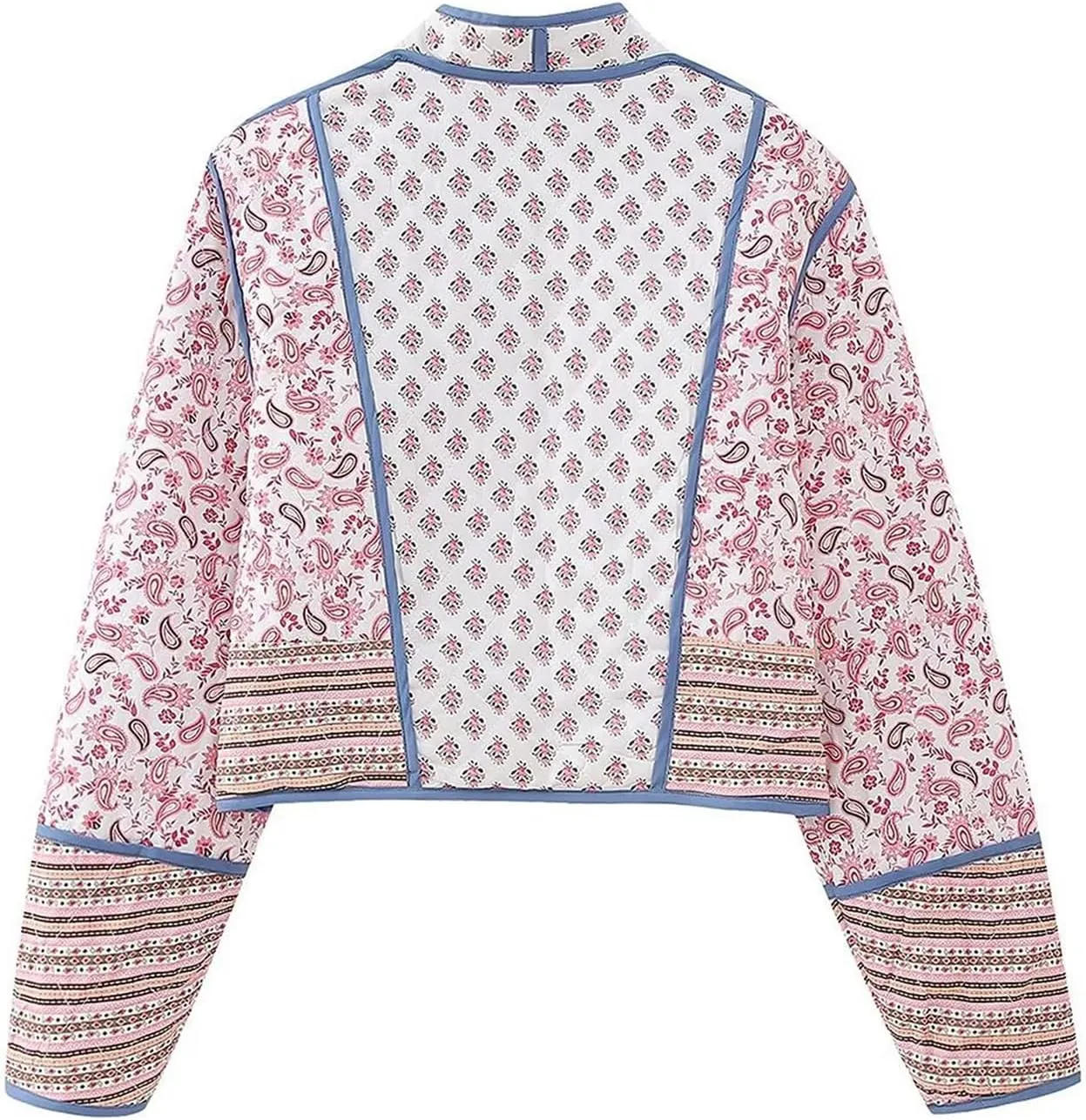 Women Floral Printed Quilted Lightweight Jackets Cropped Puffer Long Sleeve Open Front Cardigan Padded Puffy Coat
