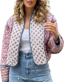Women Floral Printed Quilted Lightweight Jackets Cropped Puffer Long Sleeve Open Front Cardigan Padded Puffy Coat